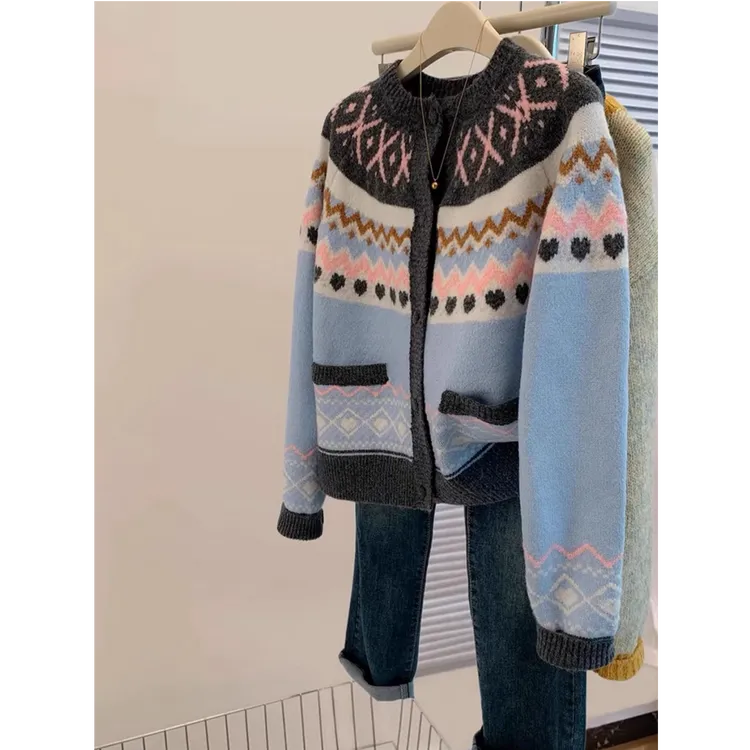 费尔岛慵懒风提花毛衣女小个子短款针织开衫2025秋冬新款外套上衣