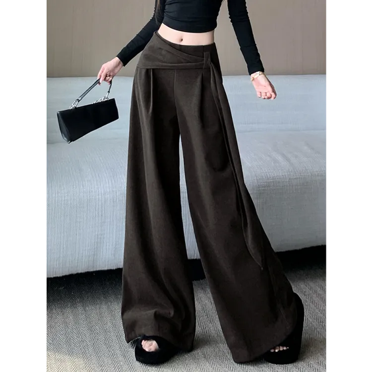 咖色宽松显瘦毛呢阔腿裤女秋冬设计感飘带高腰遮胯百搭拖地裤