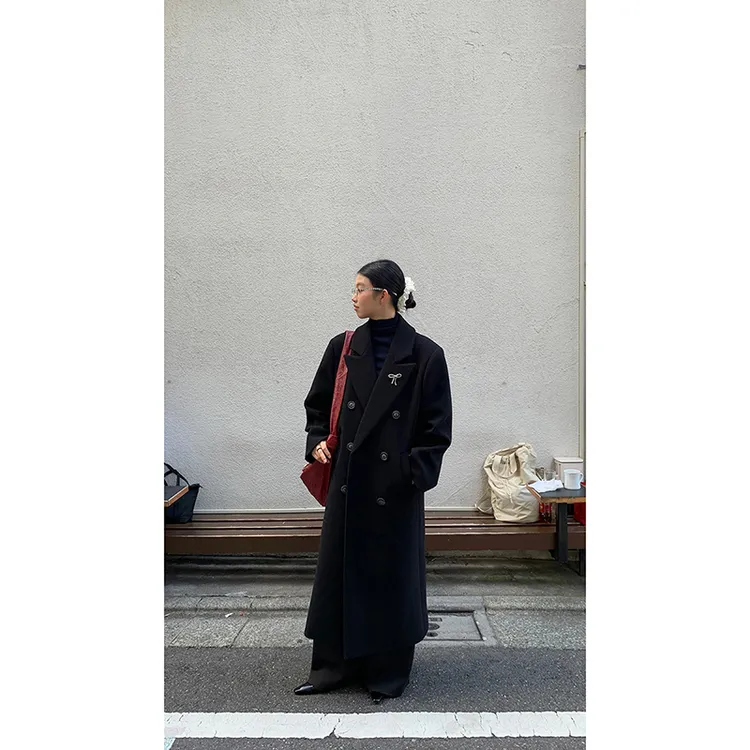 【心软的神】冬季韩版气质高级感宽松黑色双排扣毛呢外套244Y2818#