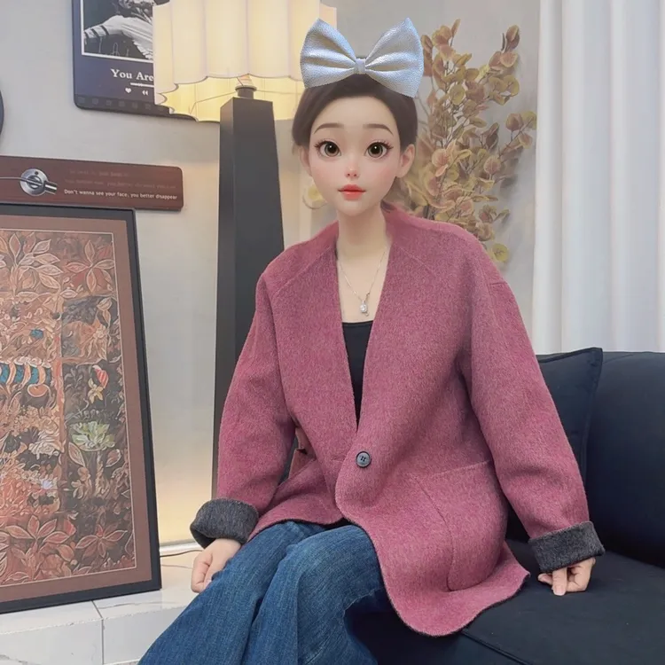 【HUIYING】秋冬宽松中长款双面穿羊毛百搭时尚设计师韩版网红加厚