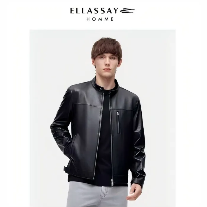 【100%羊皮革】 ELLASSAY/歌力思男装25新款极简油蜡小立领真皮皮衣