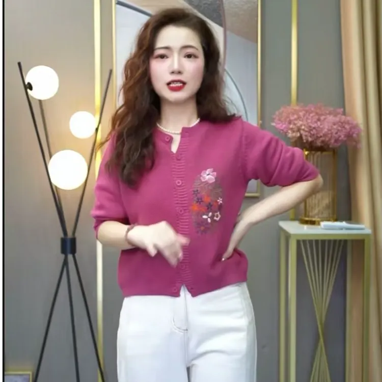 【老板娘专属】圆领刺绣绣花复古棉线针织开衫女士宽松百搭休闲外套