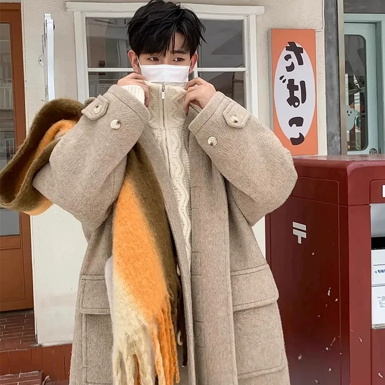 中长款羊毛呢大衣男女过膝学院情侣牛角扣连帽呢风衣韩版毛呢外套