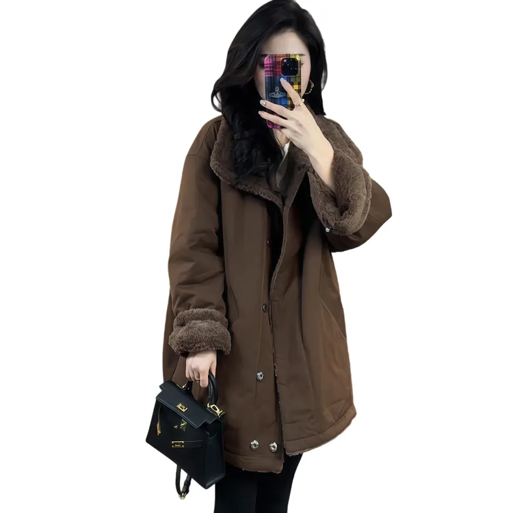 2025秋冬厚外套女中长款宽松加厚保暖机车棉服高级感时尚保暖大衣