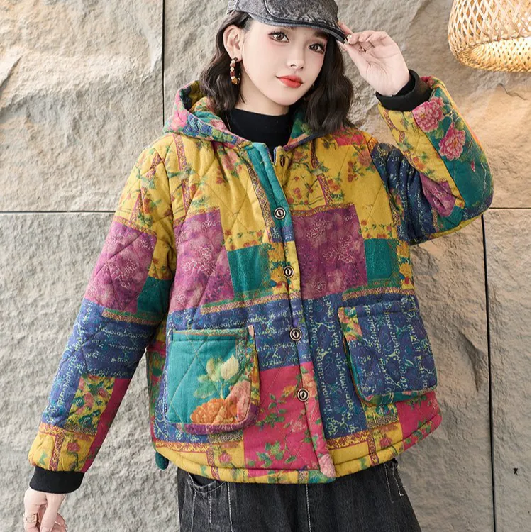 中年妈妈水洗棉夹棉加绒加棉加厚连帽长袖宽松棉衣复古民族风棉服