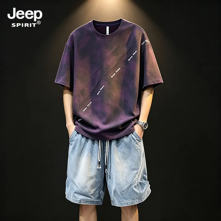 JEEPSPIRIT吉普套装夏季美式扎染短袖短裤潮流大码休闲男士两件套