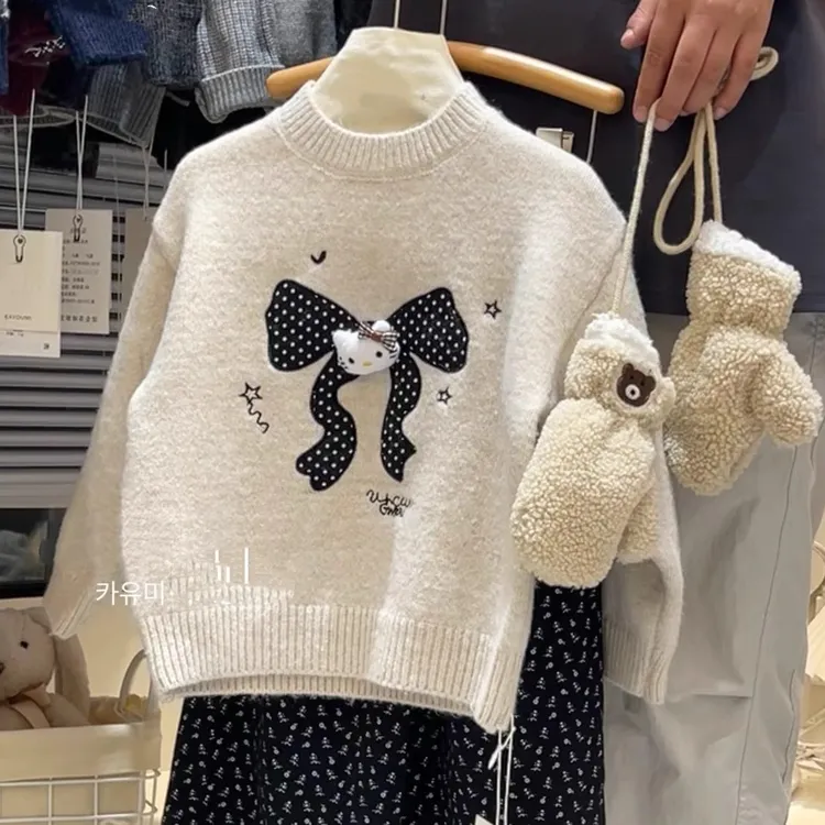 女童甜美慵懒风毛衣秋冬季2025新款洋气蝴蝶结针织上衣儿童秋款