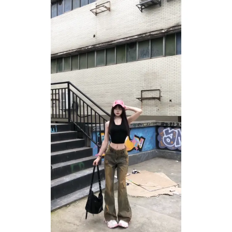 时尚吊带背心美式复古水洗做旧破洞牛仔裤坠感长裤套装
