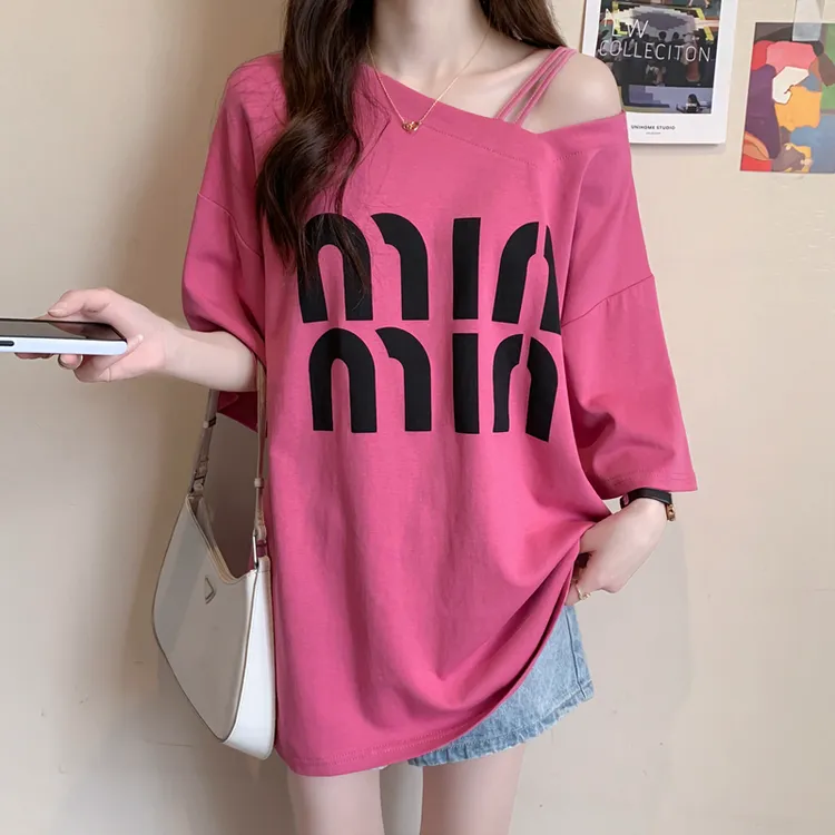 正肩短袖T恤女2025新款时尚宽松休闲白色字母体恤遮肚子半袖上衣