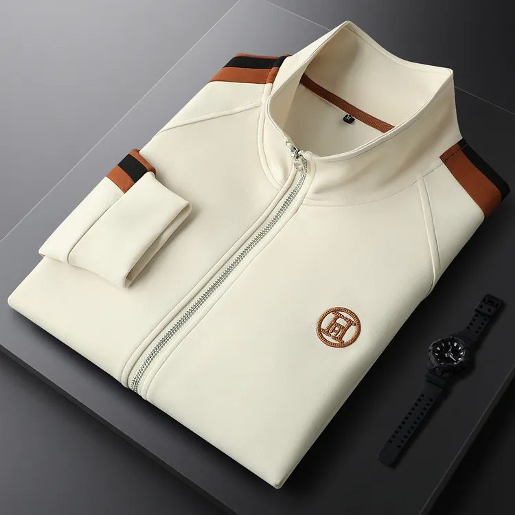 蒙鲁巴恩轻奢杏色运动休闲男士外套高级感刺绣撞色侧条纹保暖卫衣