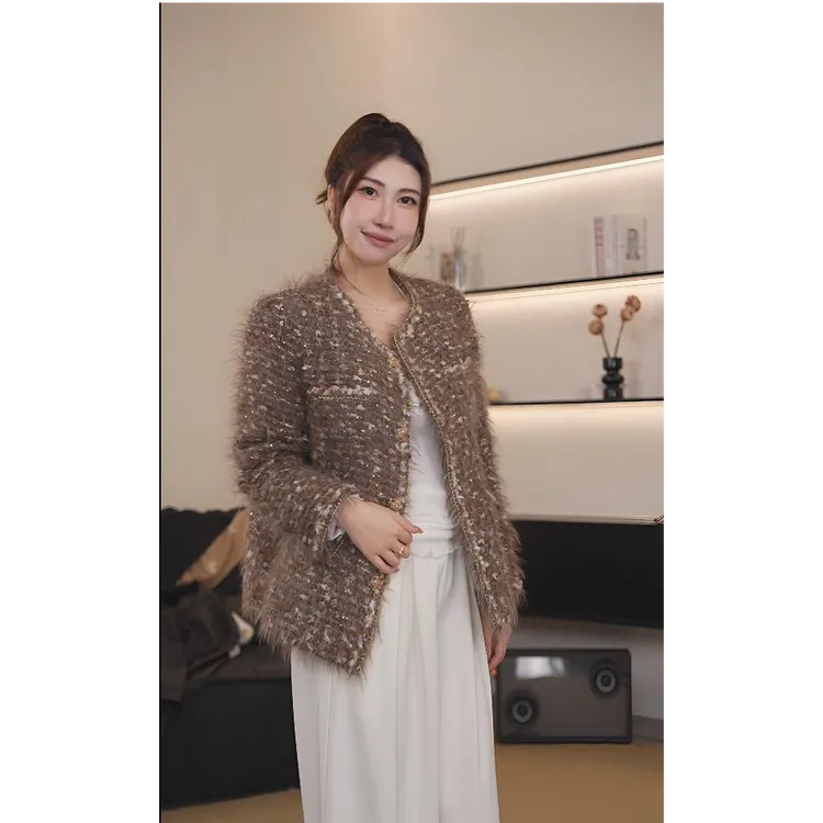 【琥珀流光】新国标90白鹅绒编织羊毛暖系流光风羊毛小香女外套