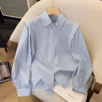 钉珠POLO领长袖衬衫女秋季时尚百搭设计感气质衬衣小众上衣3659