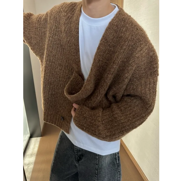 QIUYIDAODI秋冬复古宽松重磅混色短宽粗线针织开衫毛衣外套男INS