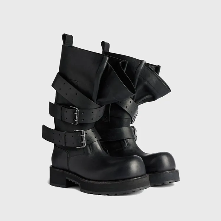 毒液靴大筒围皮带扣百搭靴子美拉德洋气时装靴机车骑士靴中短筒靴