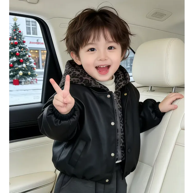 儿童加绒夹棉外套冬款男童假两件豹纹皮衣夹克衫加厚冬装洋气韩版