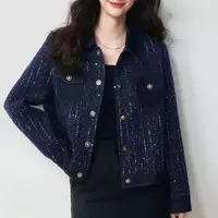 【小云总专享】轻奢款牛仔拼接藏蓝花纱亮片夹克小香风翻领外套6532