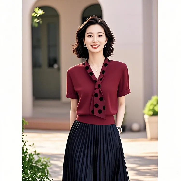 轻熟气质设计感红色短袖T恤2025年女装春夏新款高级感丝巾上衣