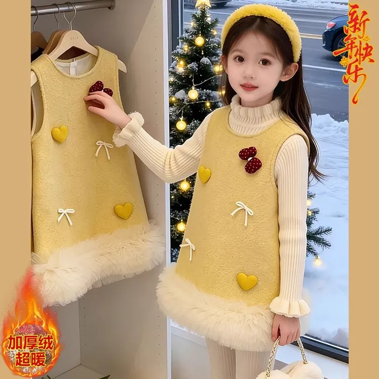 女童小香风毛衣呢子连衣裙套装2025新款冬装加厚大花边背心裙加绒