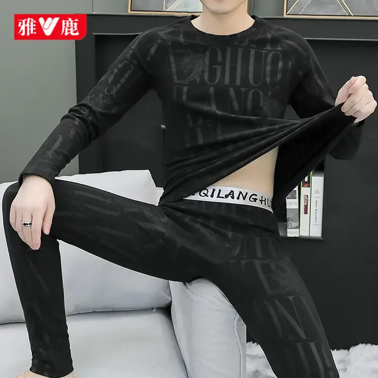 雅鹿男士双面德绒保暖内衣套装潮流无痕圆领修身打底秋衣秋裤冬季