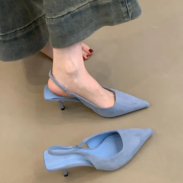 RS-w-66法式小众高跟鞋女2026优雅名媛绒面尖头细跟包头凉鞋单鞋