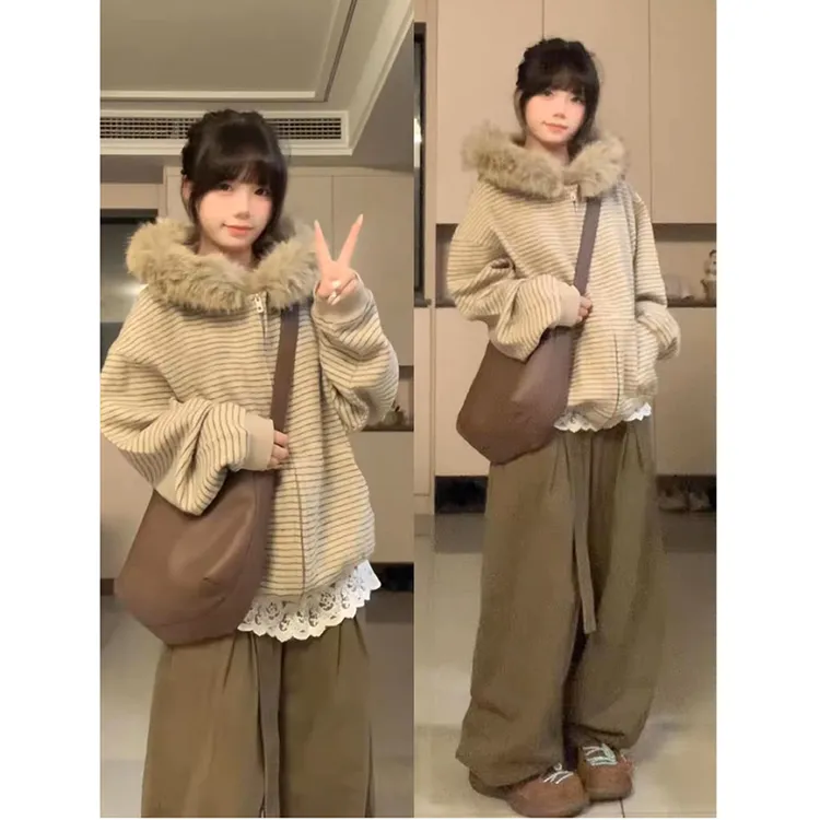 HandSeven秋季情侣美式中性风条纹连帽卫衣入秋外套女秋季外套