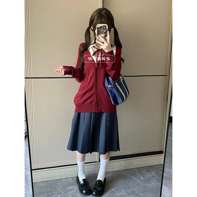 JK制服原创冬季jk开衫毛衣圣诞节穿搭新年红针织衫海苔jk长裙套装