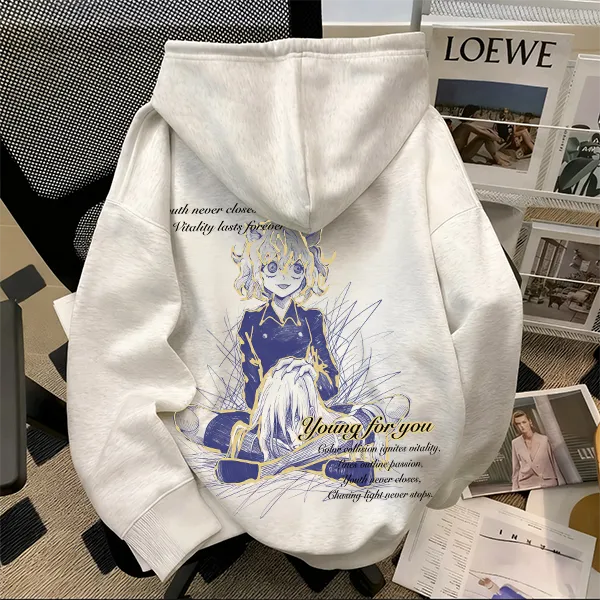 重磅500克纯棉全职猎人尼飞比特猫女动漫印花连帽卫衣复古秋冬季