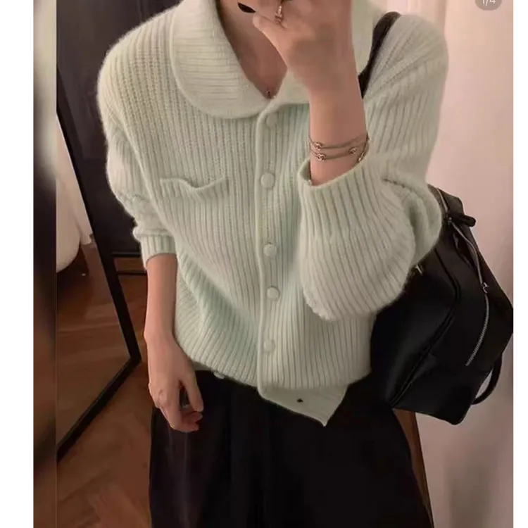小绿豆翻领瑞丽风女INS风针织毛针织衫休闲时尚设计感f