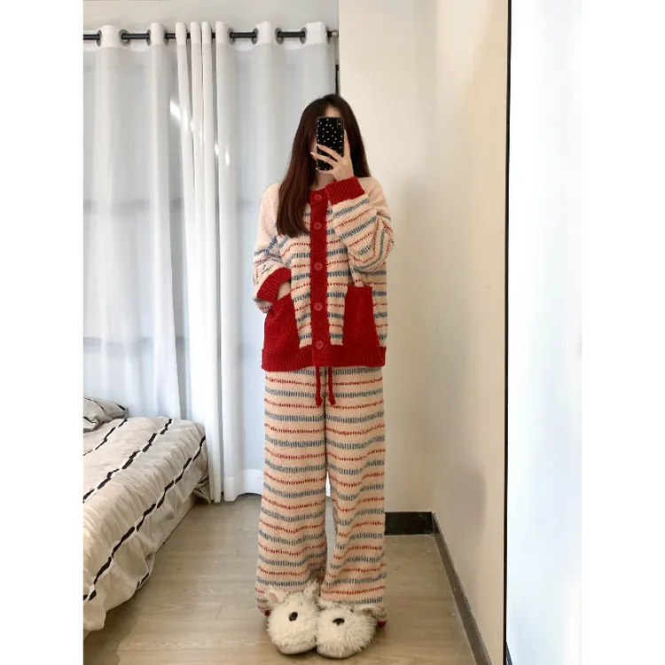 红色复古条纹半边绒大码睡衣女冬季新款加绒加厚本命年家居服套装