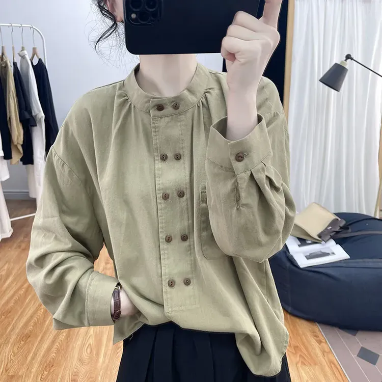 La Chapelle/拉夏贝尔大码秋季女宽松显瘦休闲圆领长袖上衣衬衫