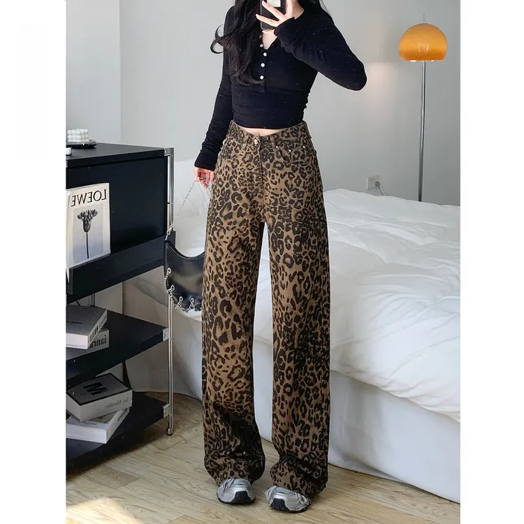 豹纹阔腿牛仔裤女2025冬季加绒小个子高腰宽松显瘦垂感直筒拖地裤