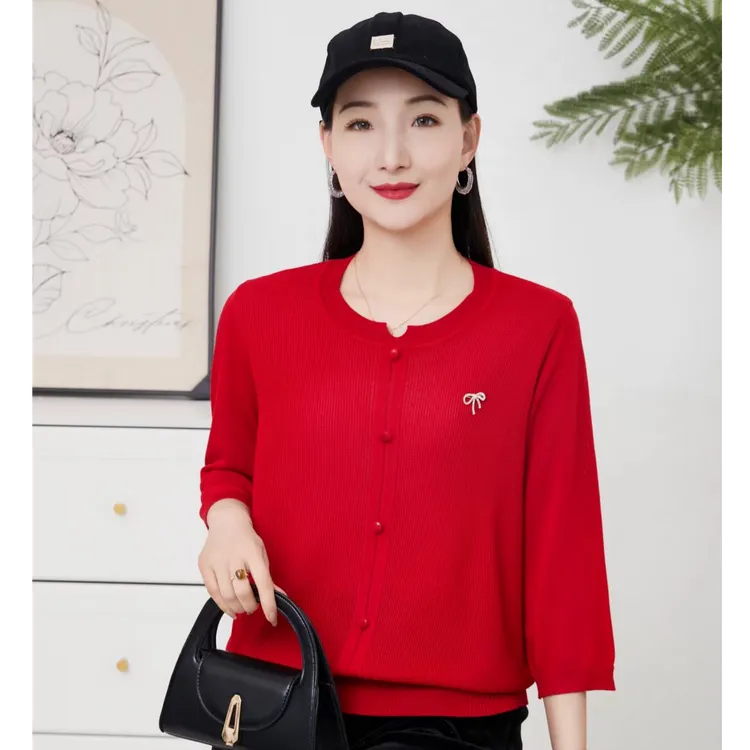 2025年春季新款简约圆领纯色宽松七分袖针织毛衣衫上衣