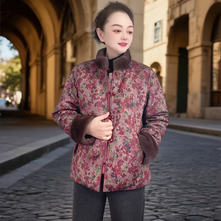 大码加绒妈妈装加厚印花保暖气质国风棉衣复古盘扣中老年外套