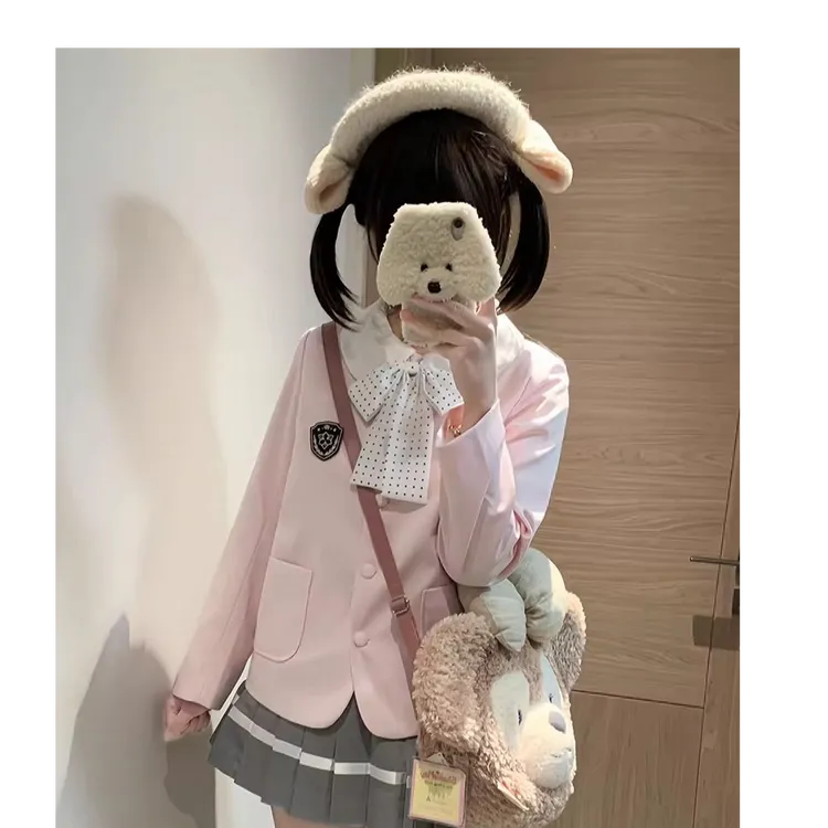 元兮少女 日系学院风昭和校供感感绀色粉色娃娃领西服jk套装女