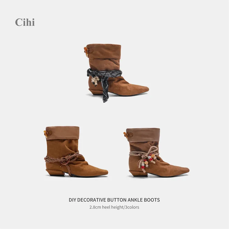 Cihi'Estrus' DIY褶皱设计 复古编织扣粗跟西部短靴