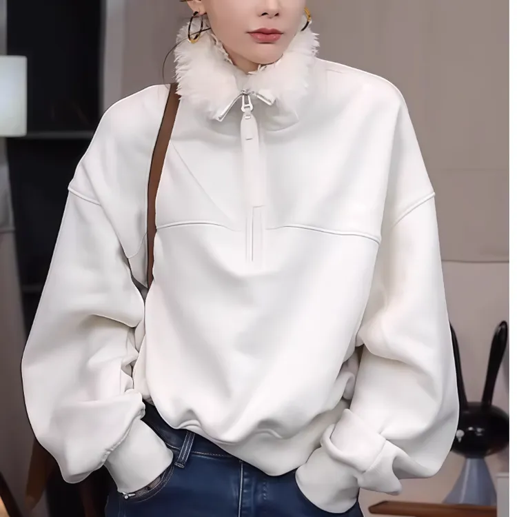 简约风立领半拉链加绒保暖卫衣女时尚百搭宽松显瘦蝙蝠袖外套9537