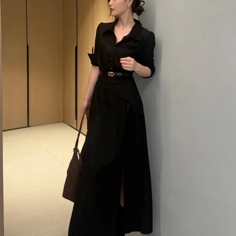 外致Waizi柏林暮色秋季法式polo领长款收腰显瘦气质长袖连衣裙