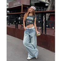美式复古刺绣牛仔裤女秋季高腰宽松显瘦阔腿拖地裤