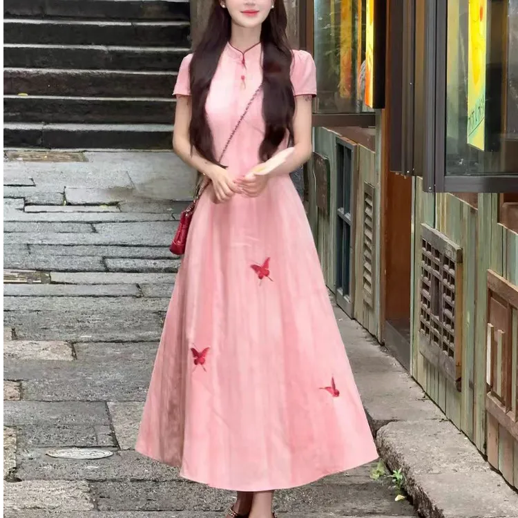 现613-3蝴蝶A字裙夏季刺绣新中式连衣裙女装初恋温柔风复古长裙