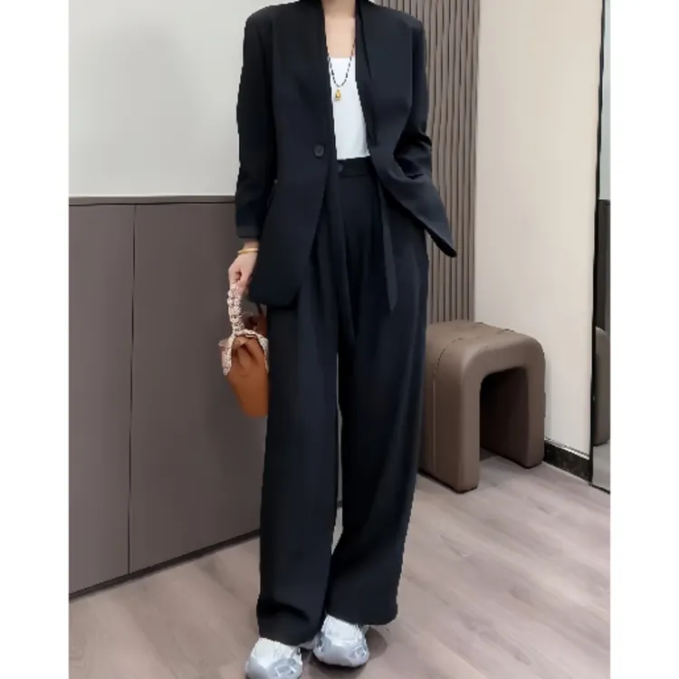 高级感时尚套装女早秋新款气质V领飘带单排扣西装外套直筒阔腿裤 