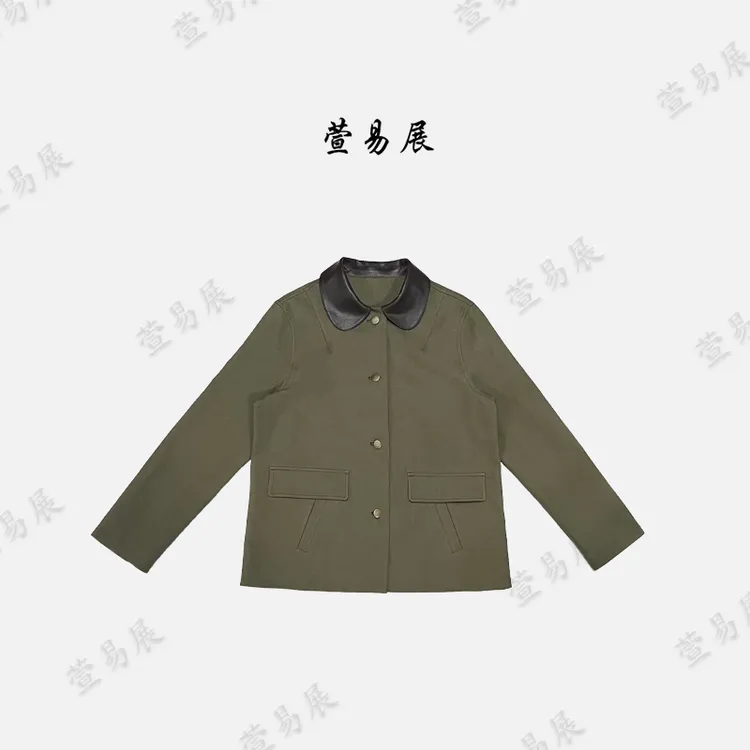 萱易展-亚麻轻奢简约百搭翻领撞色拼皮显瘦风衣外套-WT081303