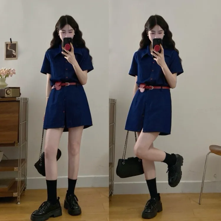 大码【胶片记忆】夏季新款港风复古牛仔衬衫+高腰裙裤两件套套装女