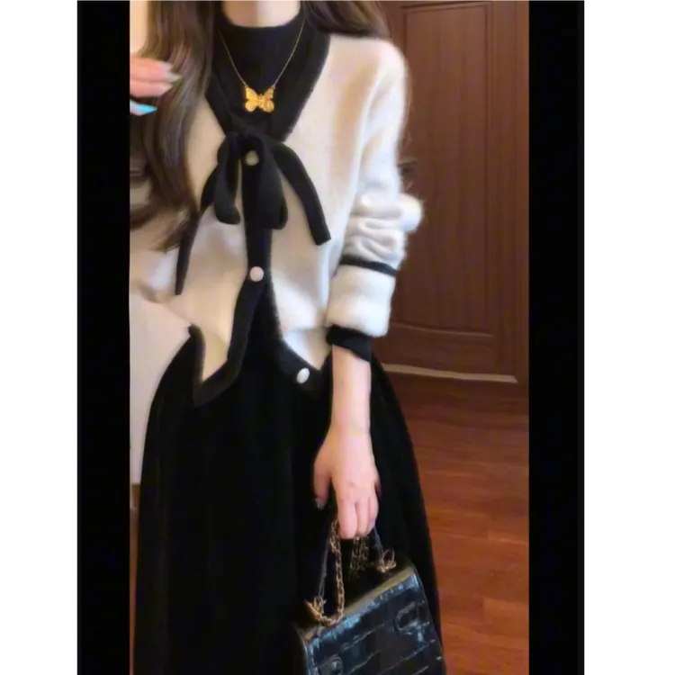 2025秋冬新款韩式针织开衫外套内搭修身黑色上衣高腰半身裙套装女