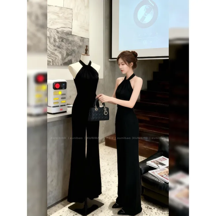 【现货】许我耀眼赵露思许妍同款黑色挂脖吊带背心开叉休闲裤套装女