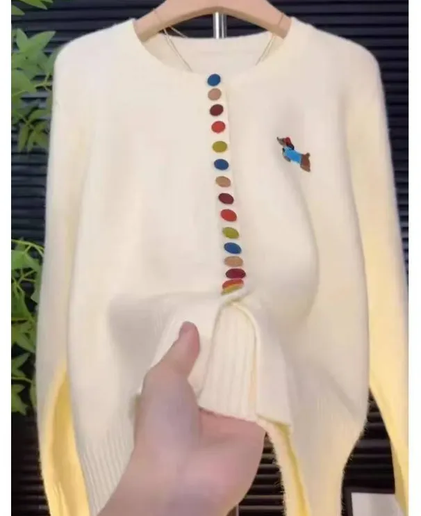 （9963）大码女装小香风彩色纽扣圆领毛衣外套女宽松慵懒秋冬针织衫