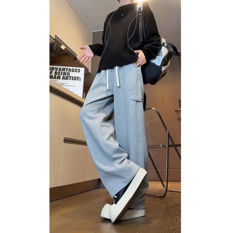 秋冬加绒运动休闲长裤ins风排扣拼接弯刀卫裤美式重磅篮球卫裤