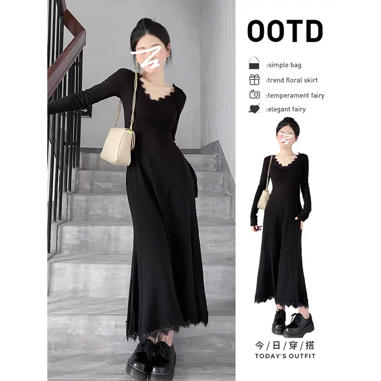 法式黑色蕾丝连衣裙女秋冬V领打底内搭修身赫本风高级感包臀长裙