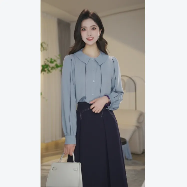 【小北甄选】欧若风衬衫女长袖8591533蓝绿色法式气质衬衣