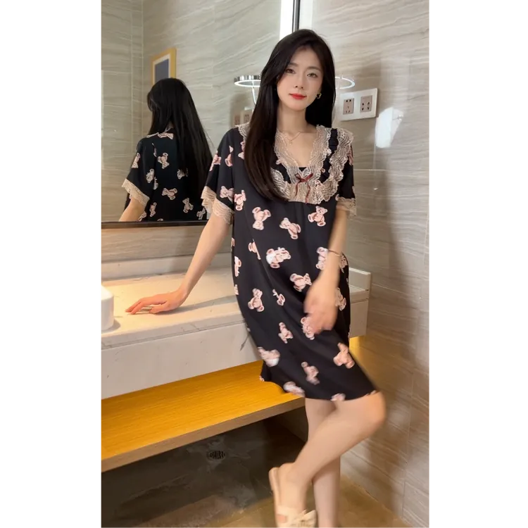 V领睡裙家居服卡通成人夏季中长款休闲