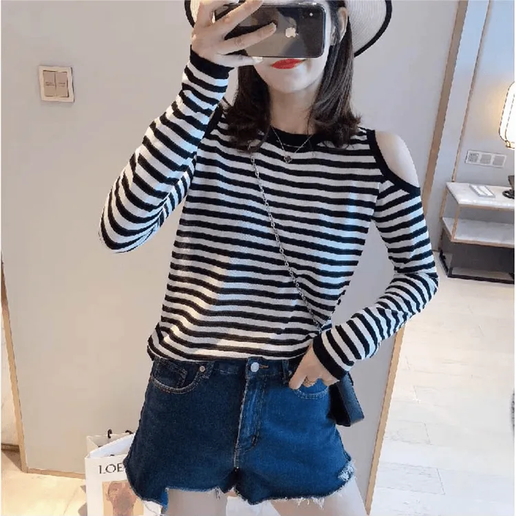 纯棉设计感长袖T恤女秋季新款时尚显瘦小个子条纹露肩打底衫上衣